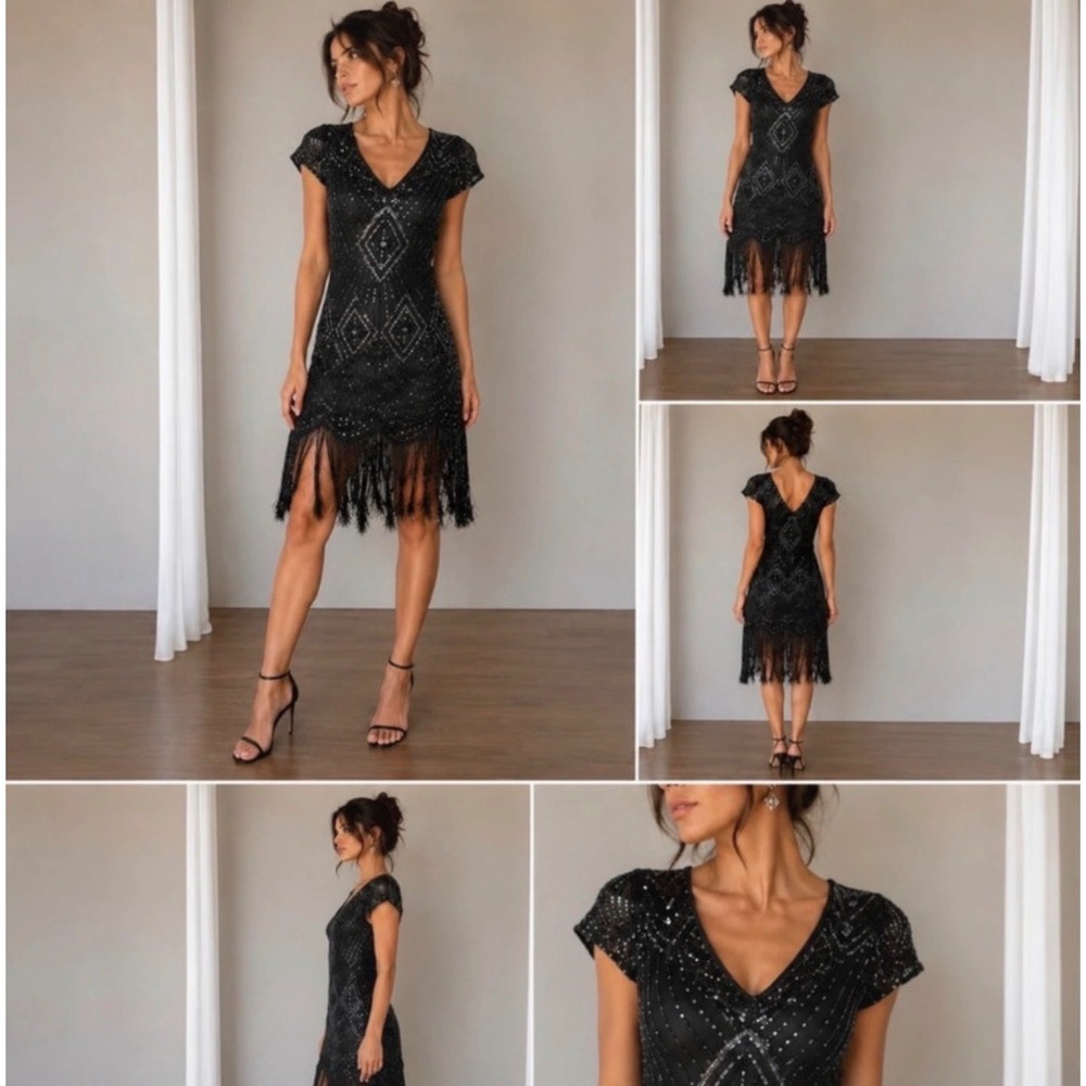 Black Sequin Fringe Flapper Dress Womens Large Gatsby 1920s Art Deco Party